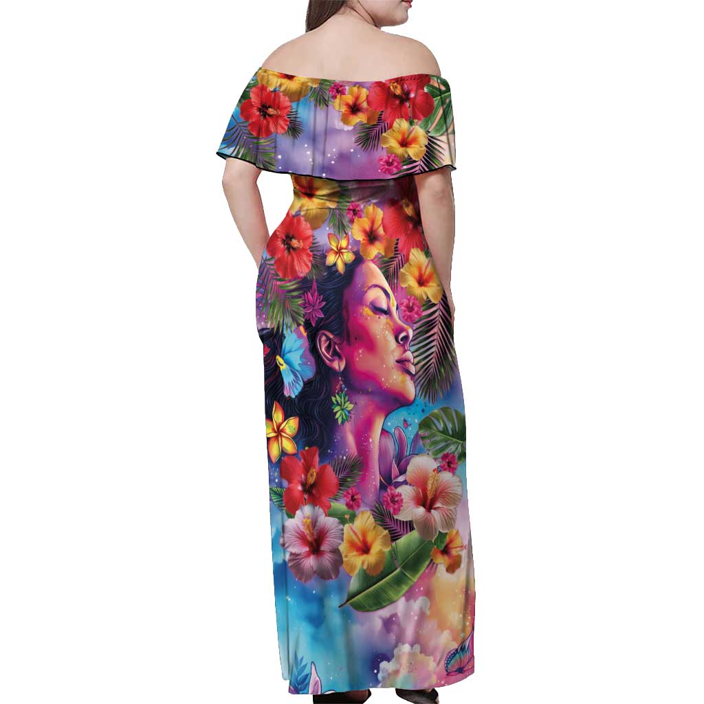Polynesian Women Off Shoulder Maxi Dress Tropical Plant - Vibrant Surreal Dreamscape Vibe