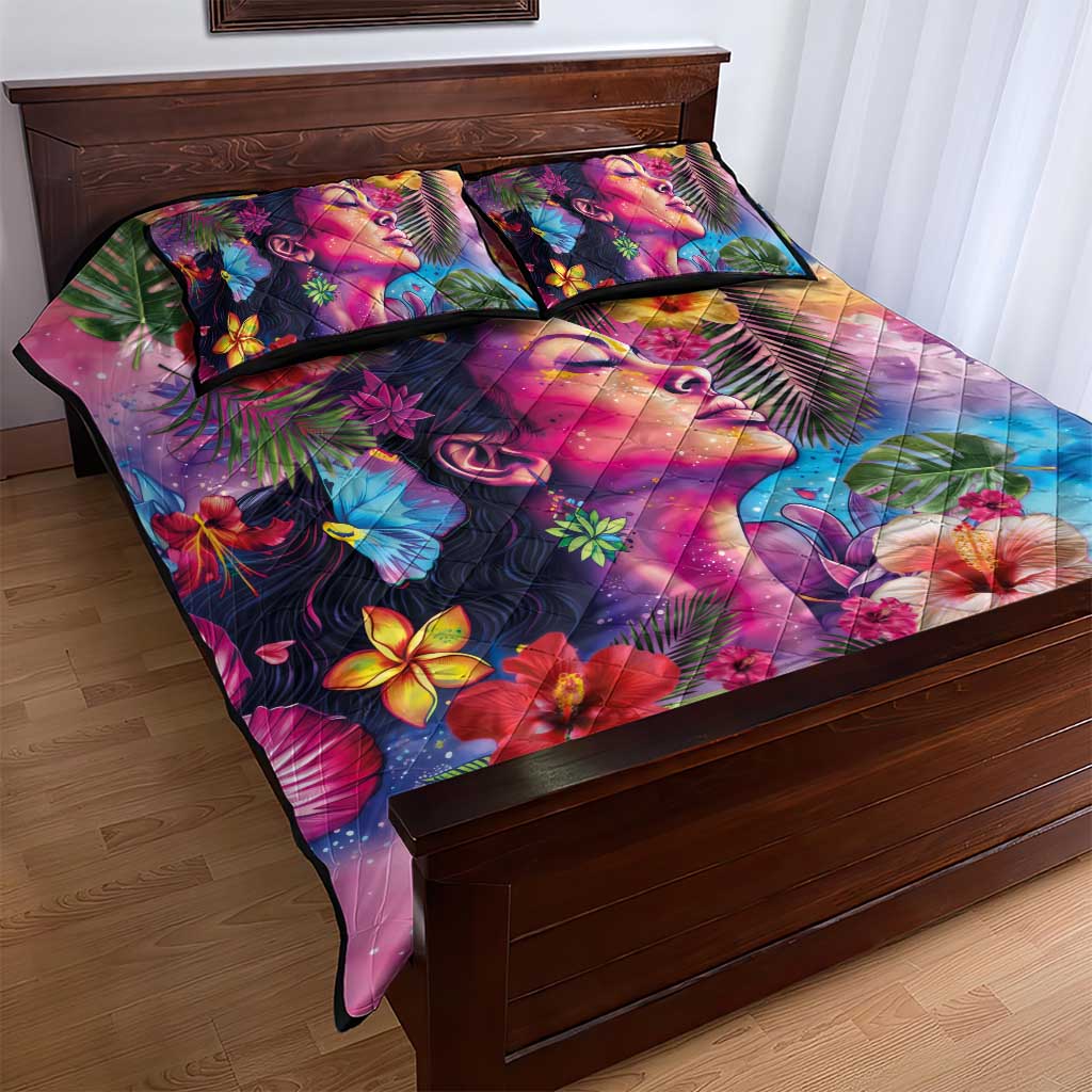Polynesian Women Quilt Bed Set Tropical Plant - Vibrant Surreal Dreamscape Vibe