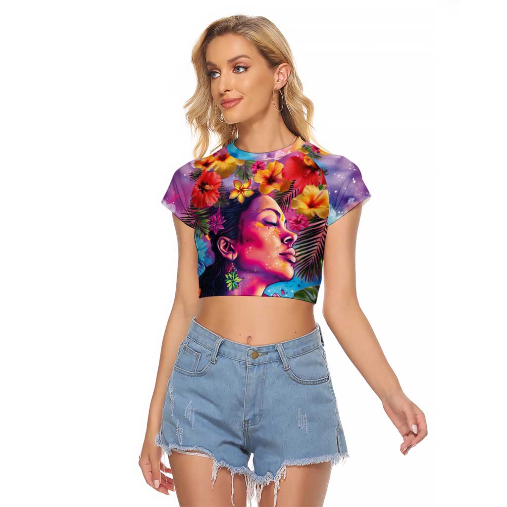 Polynesian Women Raglan Cropped T Shirt Tropical Plant - Vibrant Surreal Dreamscape Vibe