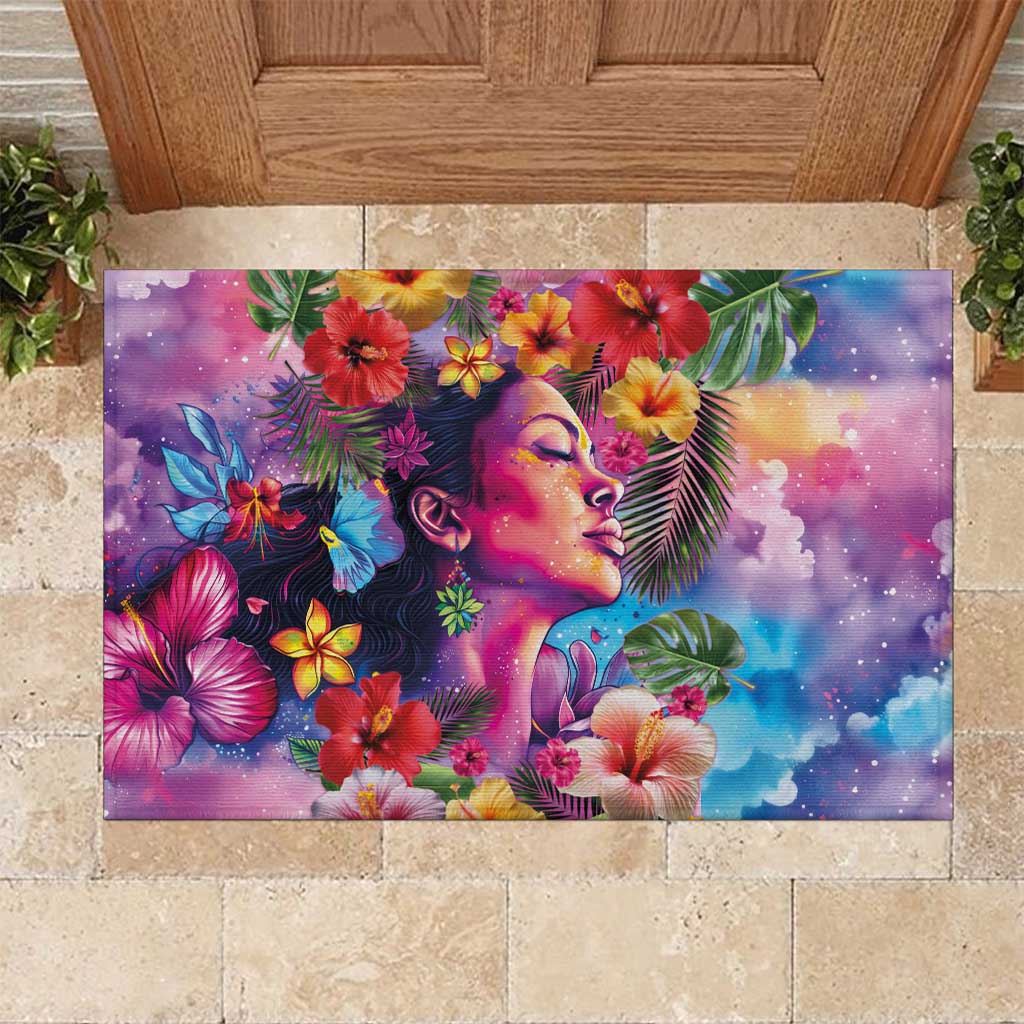 Polynesian Women Rubber Doormat Tropical Plant - Vibrant Surreal Dreamscape Vibe