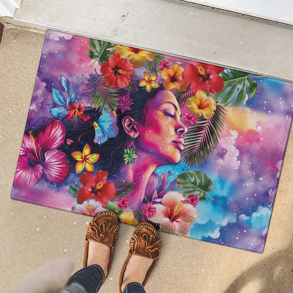 Polynesian Women Rubber Doormat Tropical Plant - Vibrant Surreal Dreamscape Vibe