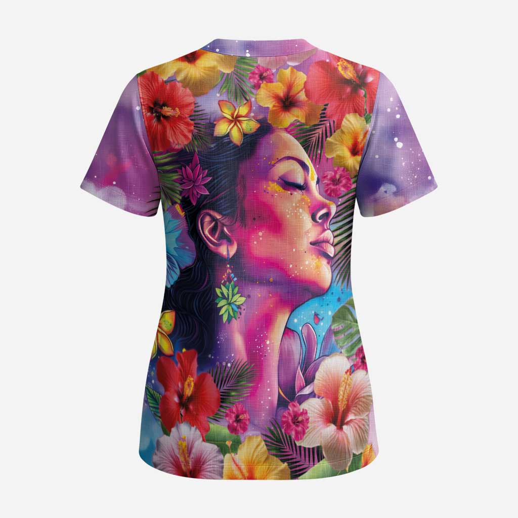 Polynesian Women Scrub Top Tropical Plant - Vibrant Surreal Dreamscape Vibe - Polynesian Pride