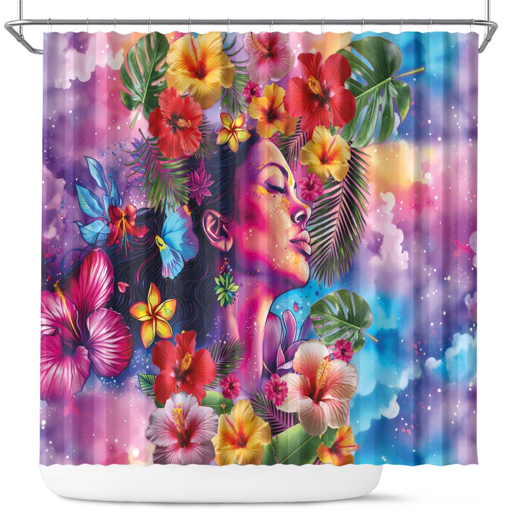Polynesian Women Shower Curtain Tropical Plant - Vibrant Surreal Dreamscape Vibe