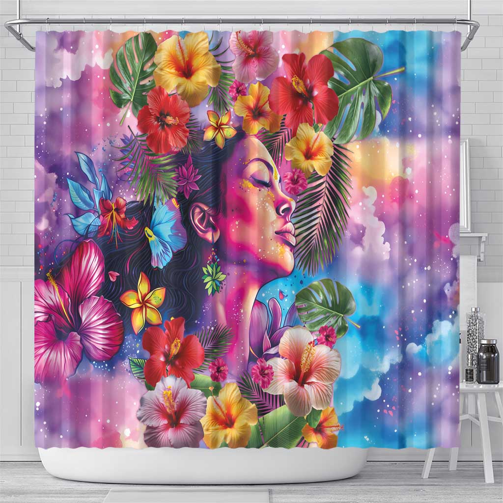 Polynesian Women Shower Curtain Tropical Plant - Vibrant Surreal Dreamscape Vibe