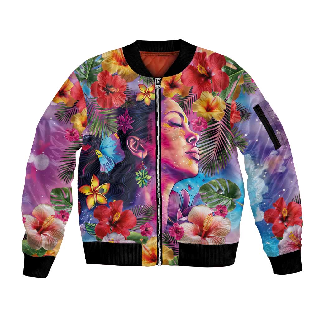 Polynesian Women Sleeve Zip Bomber Jacket Tropical Plant - Vibrant Surreal Dreamscape Vibe