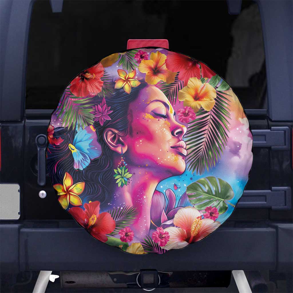 Polynesian Women Spare Tire Cover Tropical Plant - Vibrant Surreal Dreamscape Vibe