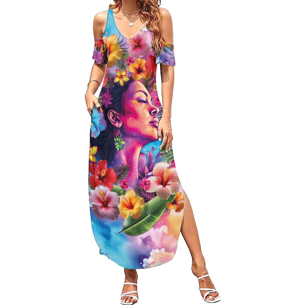 Polynesian Women Summer Maxi Dress Tropical Plant - Vibrant Surreal Dreamscape Vibe