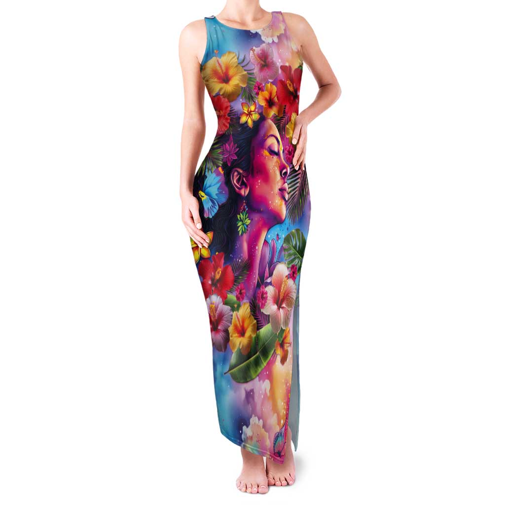 Polynesian Women Tank Maxi Dress Tropical Plant - Vibrant Surreal Dreamscape Vibe