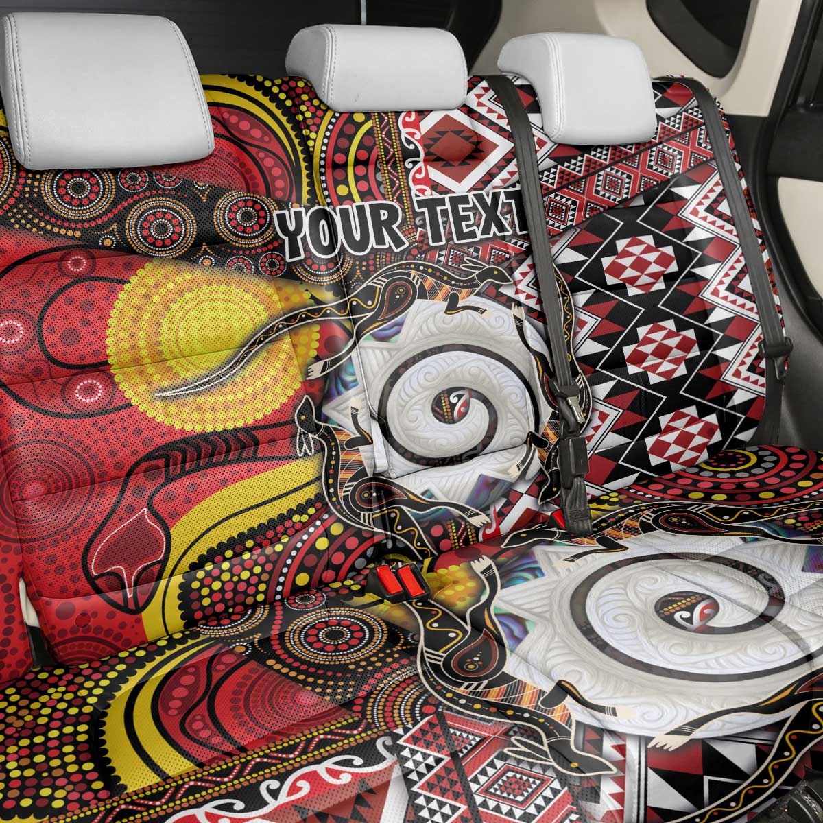 Personalised Aotearoa and Australia Together Back Car Seat Cover Koru and Kangaroo - Taniko with Aboriginal Motif
