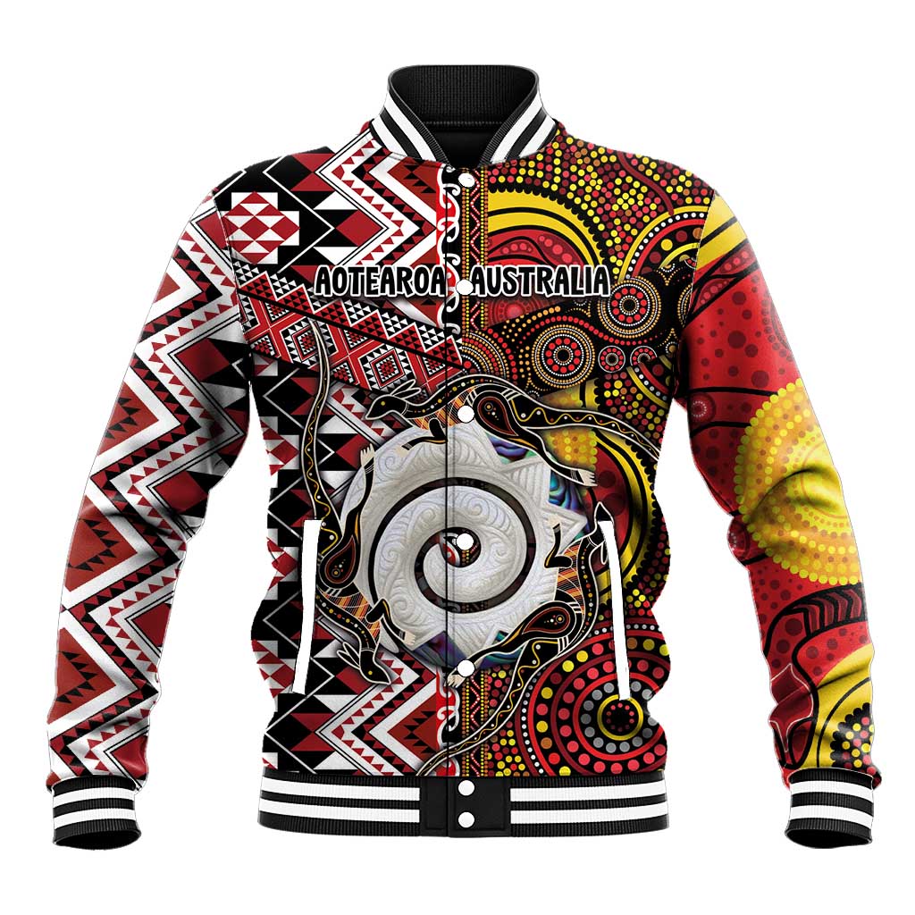 Personalised Aotearoa and Australia Together Baseball Jacket Koru and Kangaroo - Taniko with Aboriginal Motif LT03 Unisex Black - Polynesian Pride