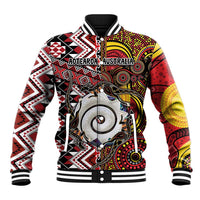 Personalised Aotearoa and Australia Together Baseball Jacket Koru and Kangaroo - Taniko with Aboriginal Motif LT03 Unisex Black - Polynesian Pride