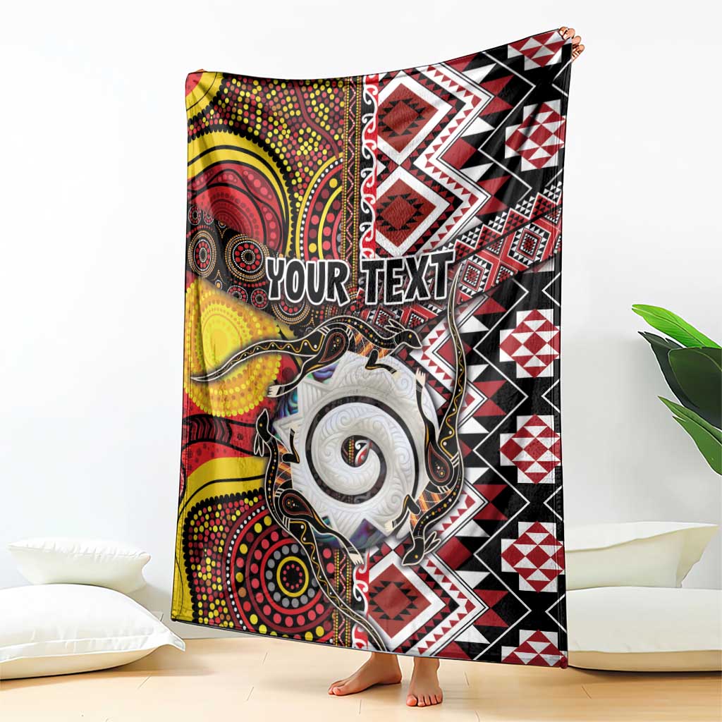 Personalised Aotearoa and Australia Together Blanket Koru and Kangaroo - Taniko with Aboriginal Motif