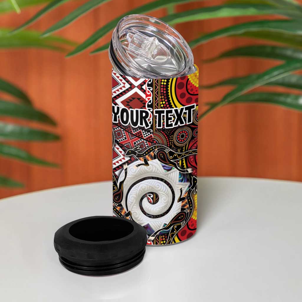 Personalised Aotearoa and Australia Together 4 in 1 Can Cooler Tumbler Koru and Kangaroo - Taniko with Aboriginal Motif