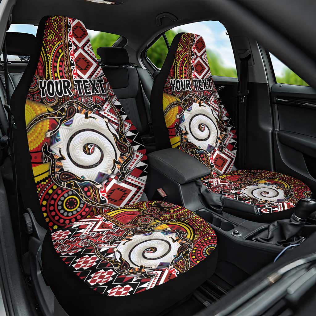 Personalised Aotearoa and Australia Together Car Seat Cover Koru and Kangaroo - Taniko with Aboriginal Motif