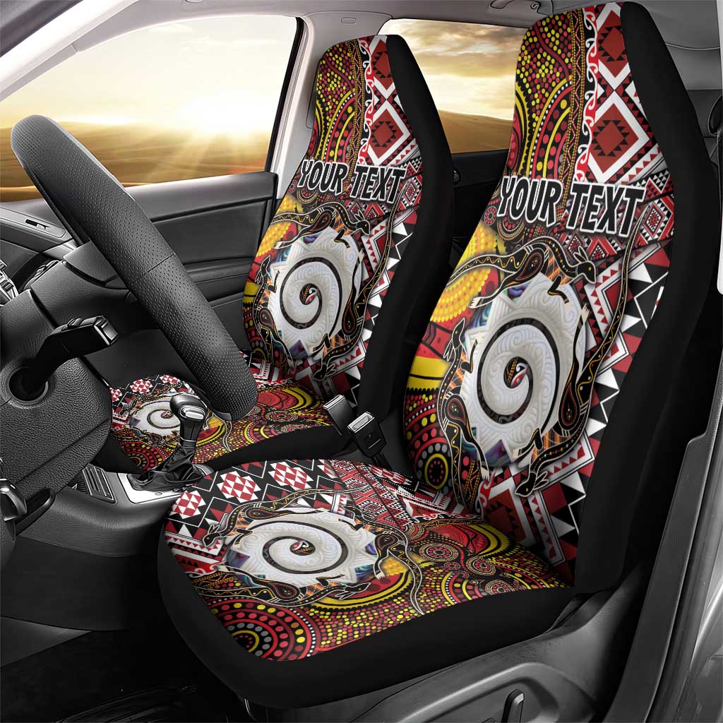 Personalised Aotearoa and Australia Together Car Seat Cover Koru and Kangaroo - Taniko with Aboriginal Motif