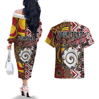 Personalised Aotearoa and Australia Together Couples Matching Off The Shoulder Long Sleeve Dress and Hawaiian Shirt Koru and Kangaroo - Taniko with Aboriginal Motif