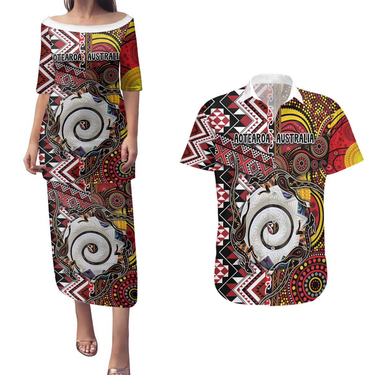 Personalised Aotearoa and Australia Together Couples Matching Puletasi and Hawaiian Shirt Koru and Kangaroo - Taniko with Aboriginal Motif