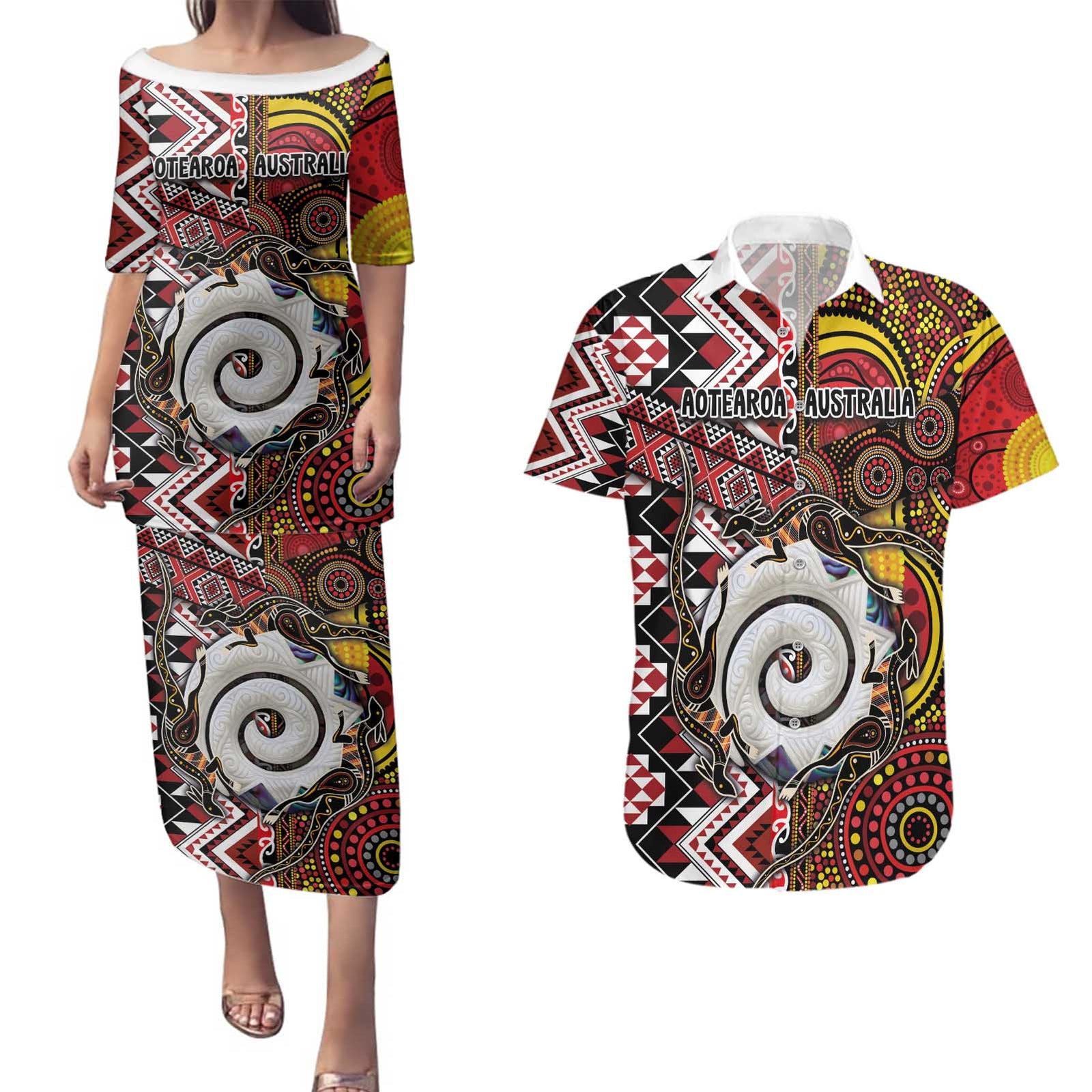 Personalised Aotearoa and Australia Together Couples Matching Puletasi and Hawaiian Shirt Koru and Kangaroo - Taniko with Aboriginal Motif