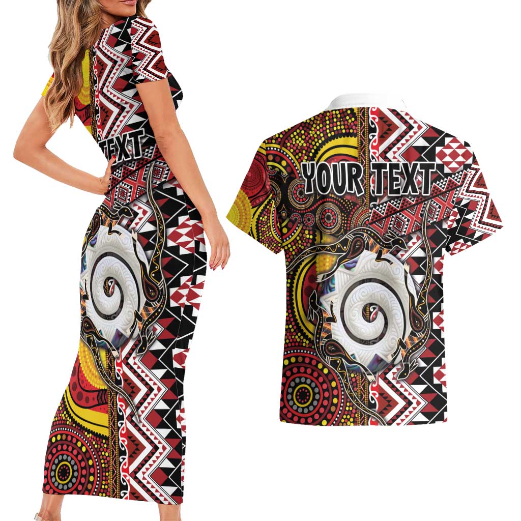 Personalised Aotearoa and Australia Together Couples Matching Short Sleeve Bodycon Dress and Hawaiian Shirt Koru and Kangaroo - Taniko with Aboriginal Motif