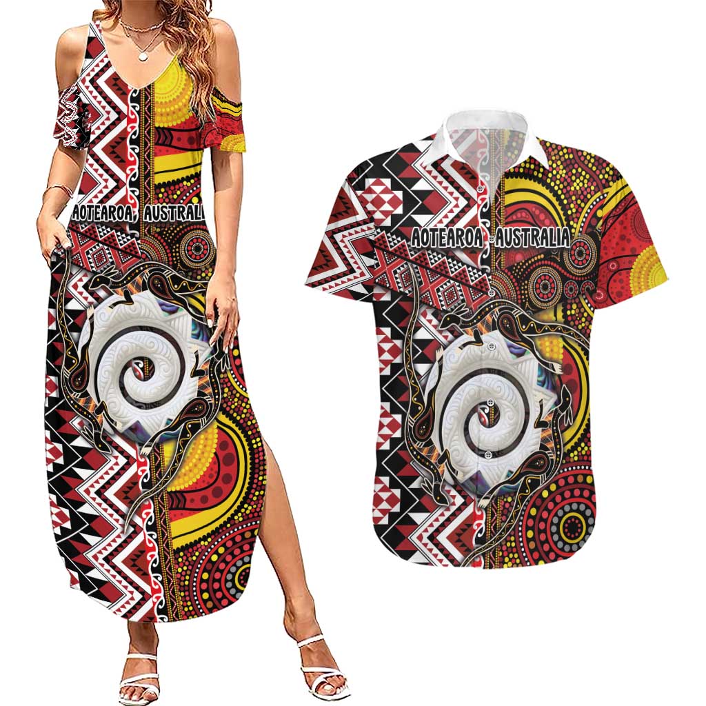Personalised Aotearoa and Australia Together Couples Matching Summer Maxi Dress and Hawaiian Shirt Koru and Kangaroo - Taniko with Aboriginal Motif
