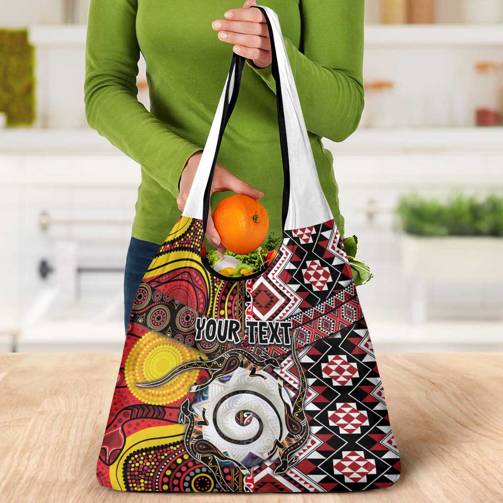 Personalised Aotearoa and Australia Together Grocery Bag Koru and Kangaroo - Taniko with Aboriginal Motif
