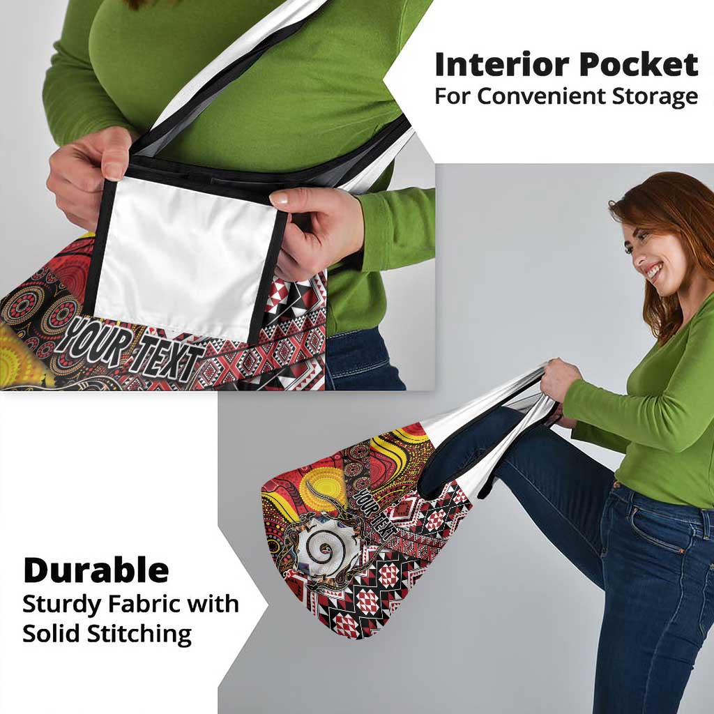 Personalised Aotearoa and Australia Together Grocery Bag Koru and Kangaroo - Taniko with Aboriginal Motif