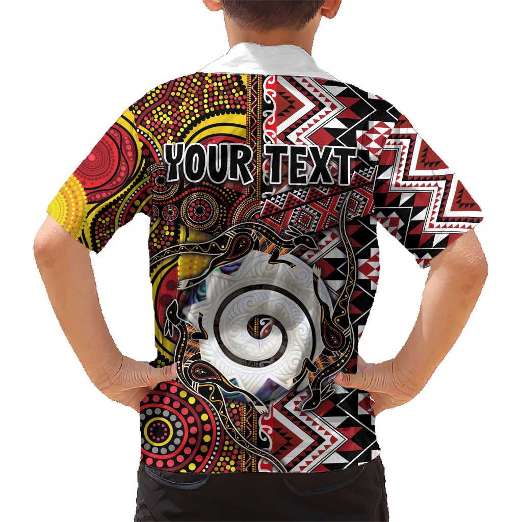 Personalised Aotearoa and Australia Together Kid Hawaiian Shirt Koru and Kangaroo - Taniko with Aboriginal Motif LT03 - Polynesian Pride