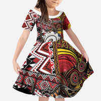 Personalised Aotearoa and Australia Together Kid Short Sleeve Dress Koru and Kangaroo - Taniko with Aboriginal Motif