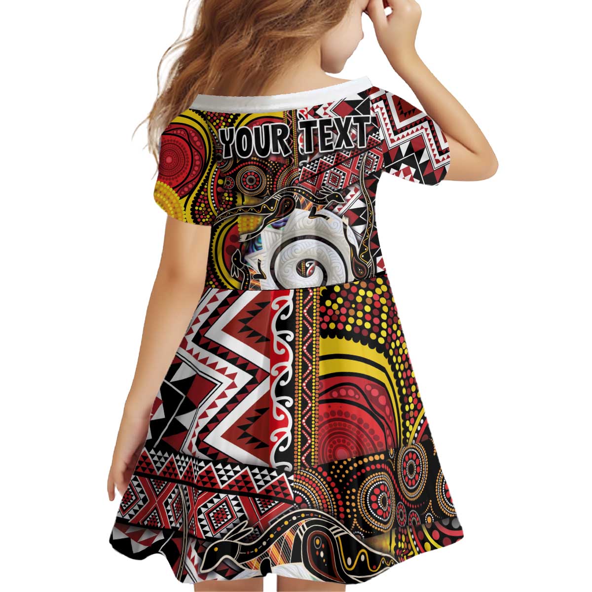 Personalised Aotearoa and Australia Together Kid Short Sleeve Dress Koru and Kangaroo - Taniko with Aboriginal Motif