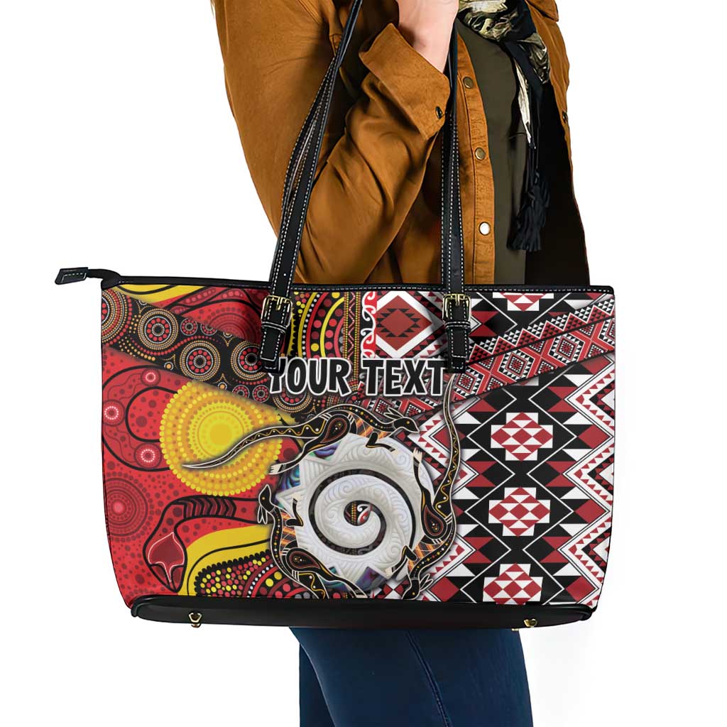 Personalised Aotearoa and Australia Together Leather Tote Bag Koru and Kangaroo - Taniko with Aboriginal Motif
