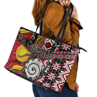 Personalised Aotearoa and Australia Together Leather Tote Bag Koru and Kangaroo - Taniko with Aboriginal Motif