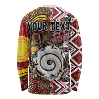 Personalised Aotearoa and Australia Together Long Sleeve Shirt Koru and Kangaroo - Taniko with Aboriginal Motif