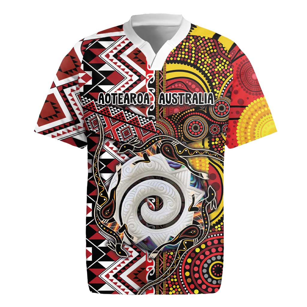 Personalised Aotearoa and Australia Together Rugby Jersey Koru and Kangaroo - Taniko with Aboriginal Motif