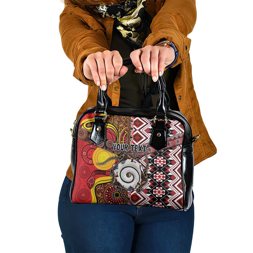 Personalised Aotearoa and Australia Together Shoulder Handbag Koru and Kangaroo - Taniko with Aboriginal Motif