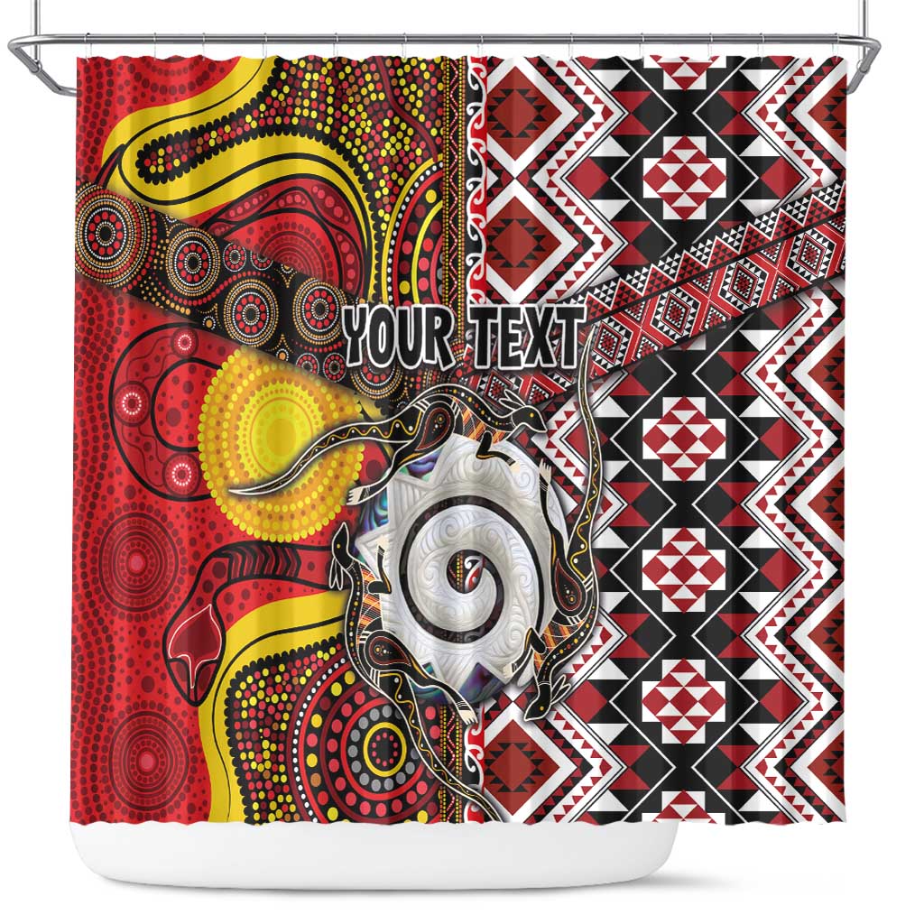 Personalised Aotearoa and Australia Together Shower Curtain Koru and Kangaroo - Taniko with Aboriginal Motif