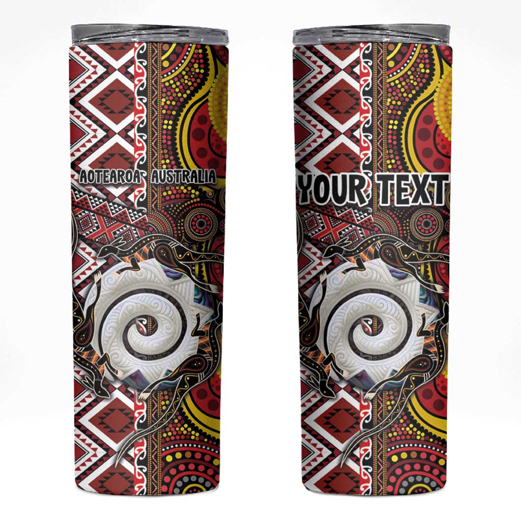 Personalised Aotearoa and Australia Together Skinny Tumbler Koru and Kangaroo - Taniko with Aboriginal Motif