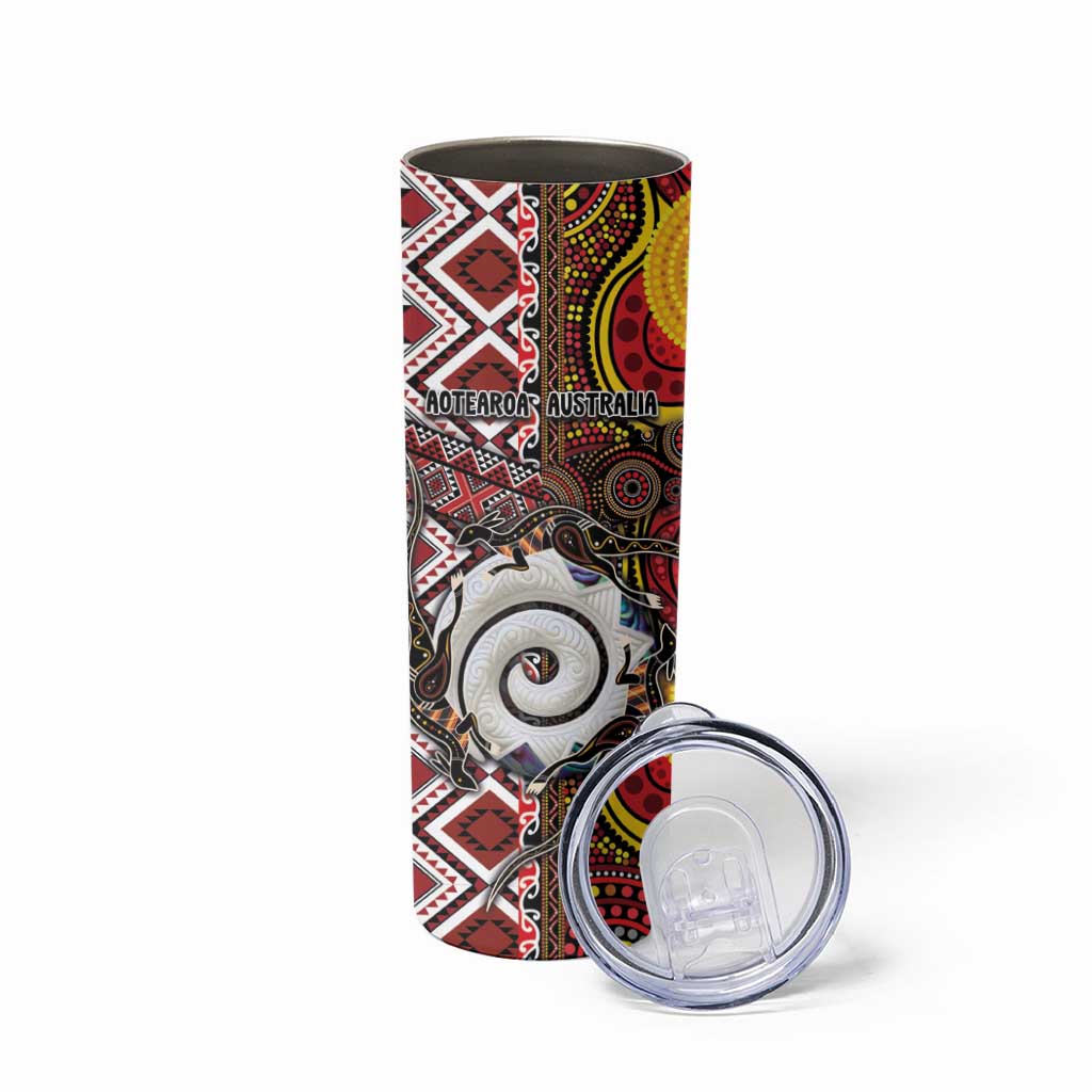 Personalised Aotearoa and Australia Together Skinny Tumbler Koru and Kangaroo - Taniko with Aboriginal Motif
