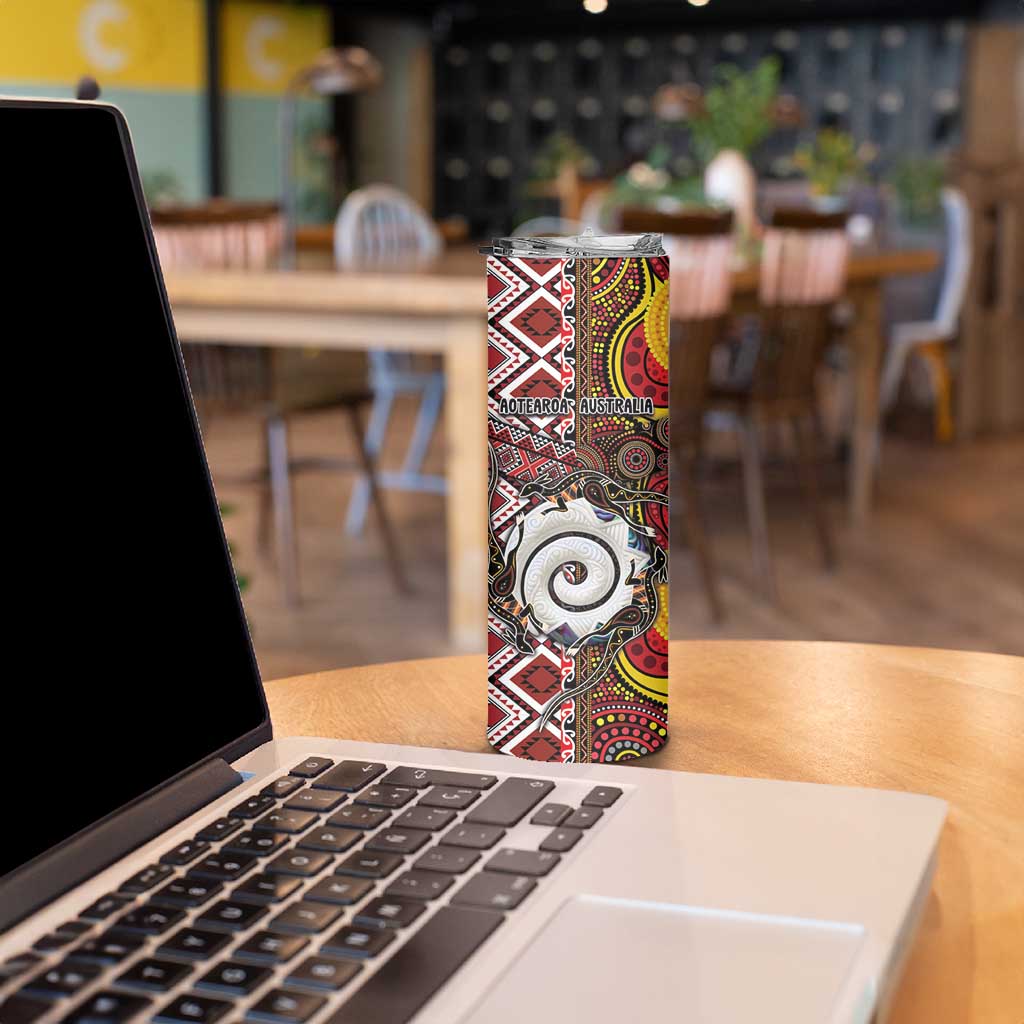 Personalised Aotearoa and Australia Together Skinny Tumbler Koru and Kangaroo - Taniko with Aboriginal Motif