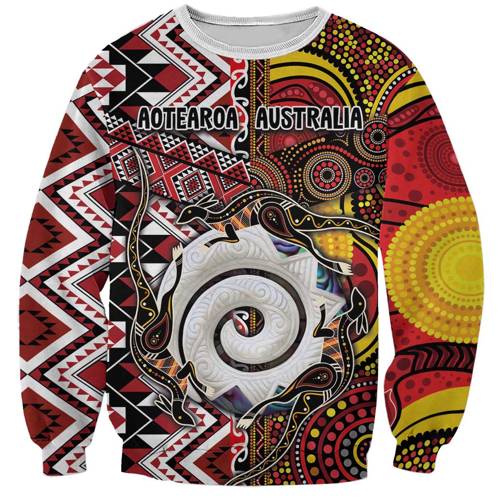 Personalised Aotearoa and Australia Together Sweatshirt Koru and Kangaroo - Taniko with Aboriginal Motif LT03 Unisex Black - Polynesian Pride