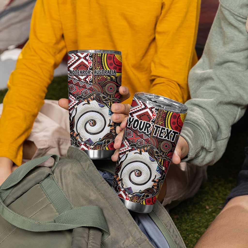Personalised Aotearoa and Australia Together Tumbler Cup Koru and Kangaroo - Taniko with Aboriginal Motif