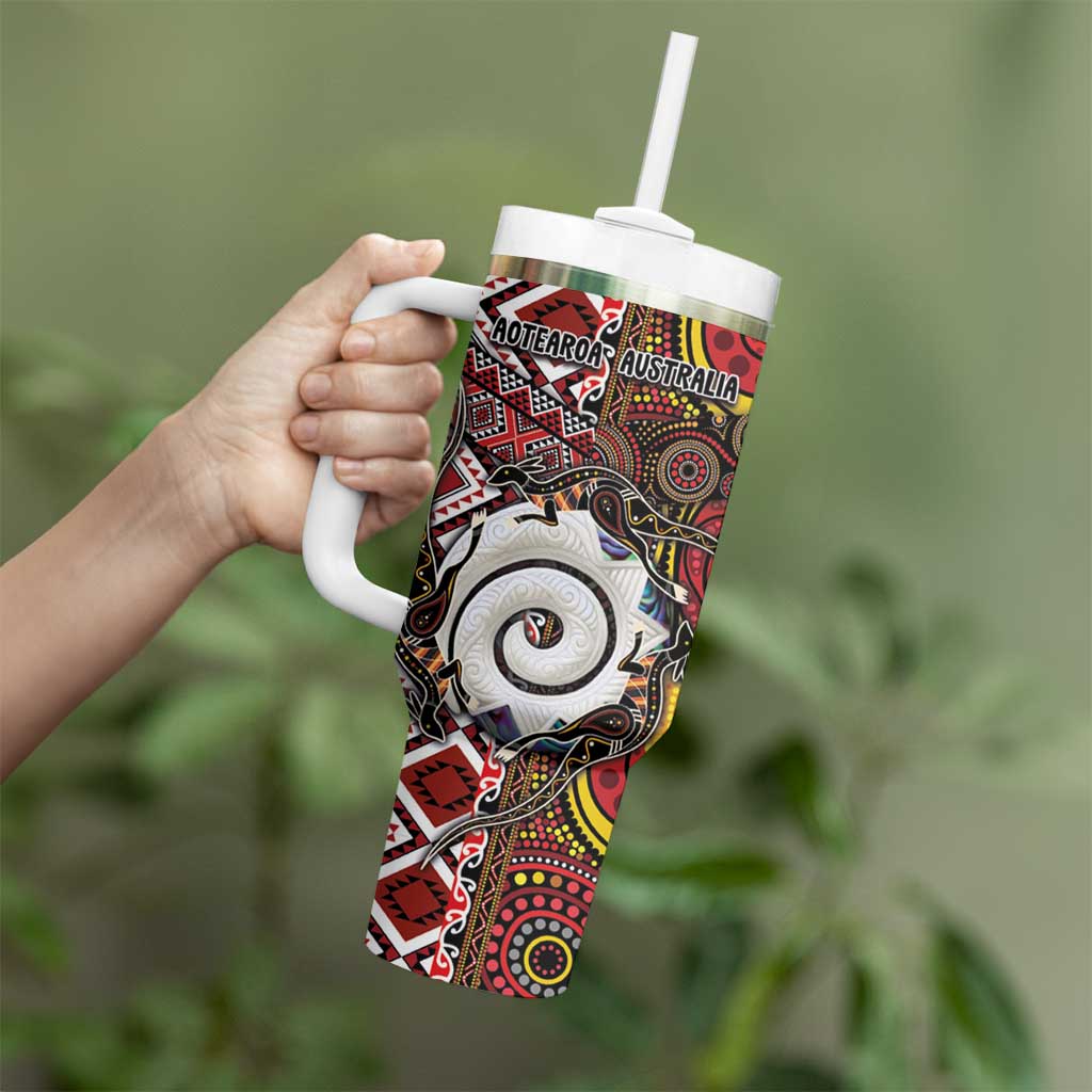 Personalised Aotearoa and Australia Together Tumbler With Handle Koru and Kangaroo - Taniko with Aboriginal Motif
