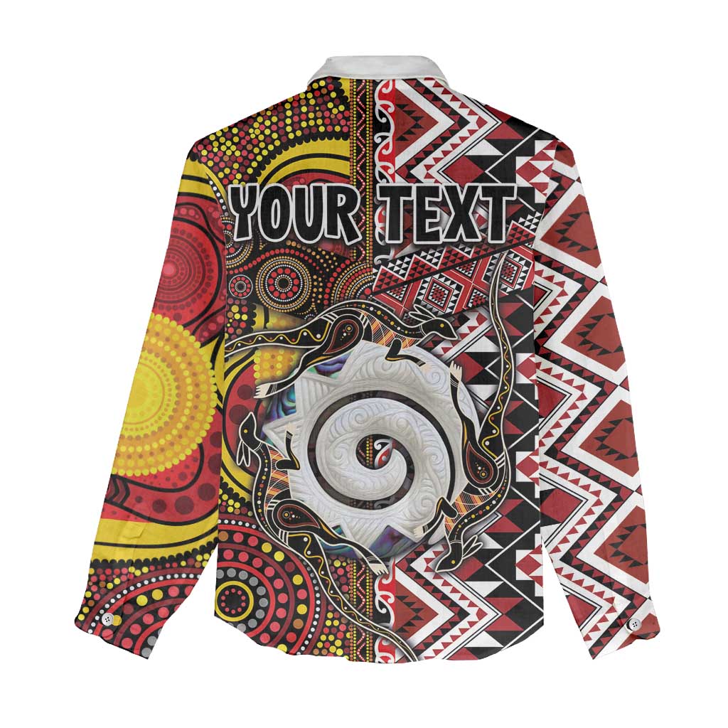 Personalised Aotearoa and Australia Together Women Casual Shirt Koru and Kangaroo - Taniko with Aboriginal Motif
