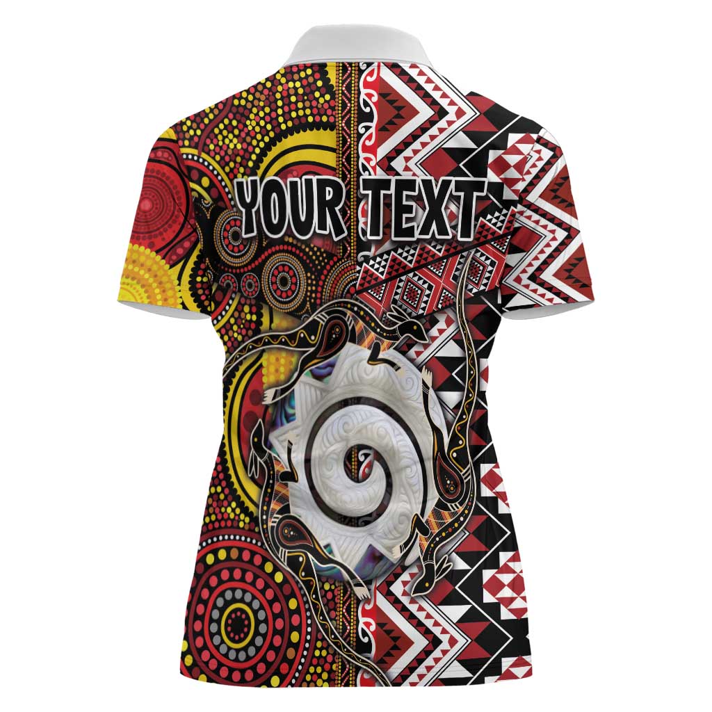 Personalised Aotearoa and Australia Together Women Polo Shirt Koru and Kangaroo - Taniko with Aboriginal Motif