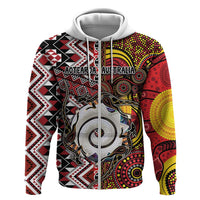 Personalised Aotearoa and Australia Together Zip Hoodie Koru and Kangaroo - Taniko with Aboriginal Motif