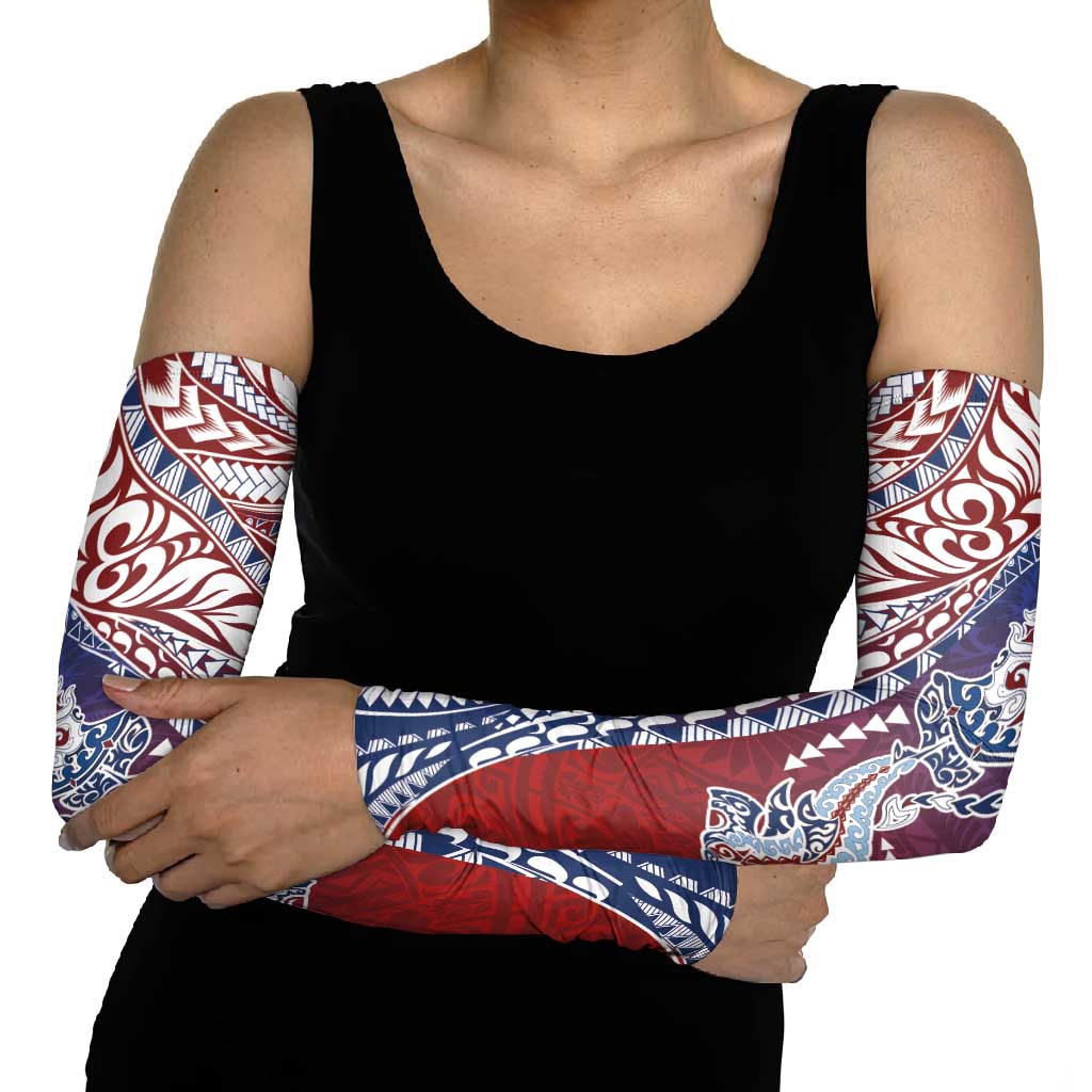 Hawaiian Manta Ray and Hammerhead Shark Tribal Tattoo Arm Sleeves with Polynesian Tribal Pattern Hawaii Flag Color