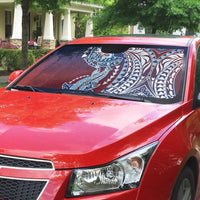 Hawaiian Manta Ray and Hammerhead Shark Tribal Tattoo Auto Sun Shade with Polynesian Tribal Pattern Hawaii Flag Color