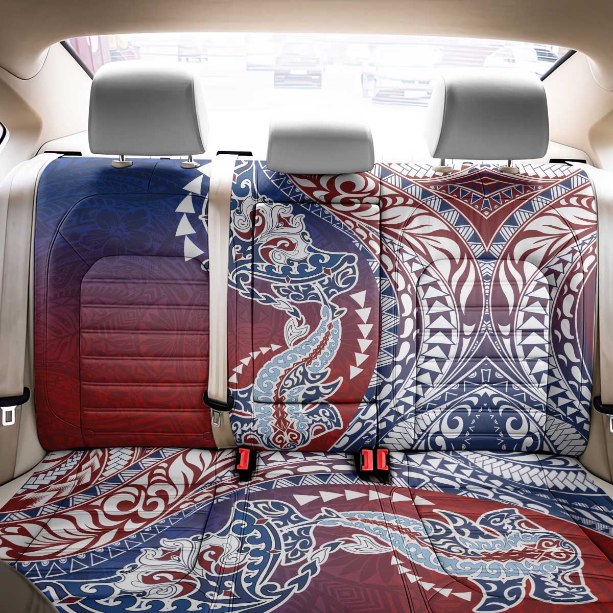 Hawaiian Manta Ray and Hammerhead Shark Tribal Tattoo Back Car Seat Cover with Polynesian Tribal Pattern Hawaii Flag Color