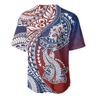 Hawaiian Manta Ray and Hammerhead Shark Tribal Tattoo Baseball Jersey with Polynesian Tribal Pattern Hawaii Flag Color