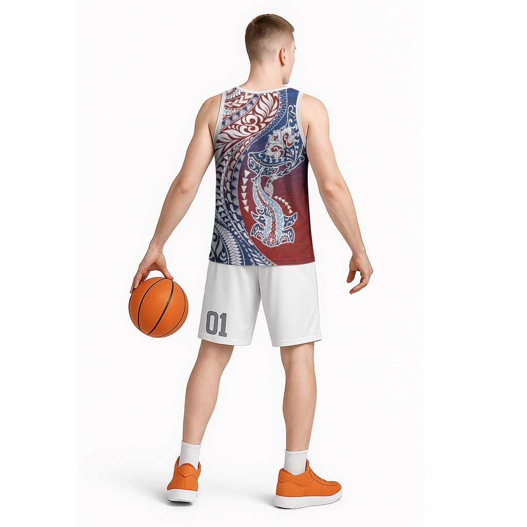 Hawaiian Manta Ray and Hammerhead Shark Tribal Tattoo Basketball Jersey with Polynesian Tribal Pattern Hawaii Flag Color