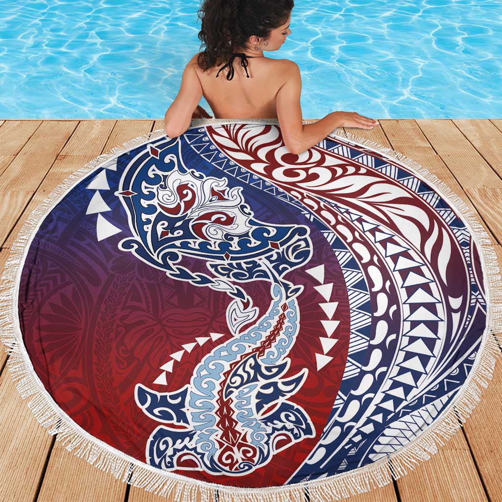 Hawaiian Manta Ray and Hammerhead Shark Tribal Tattoo Beach Blanket with Polynesian Tribal Pattern Hawaii Flag Color